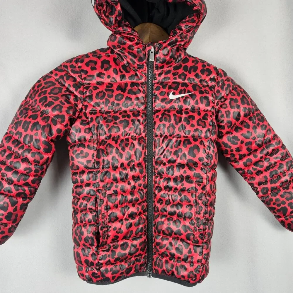 Nike Girls Leopard Print Lined Puffer Jacket Size 4 XS Just Do It Spellout Warm